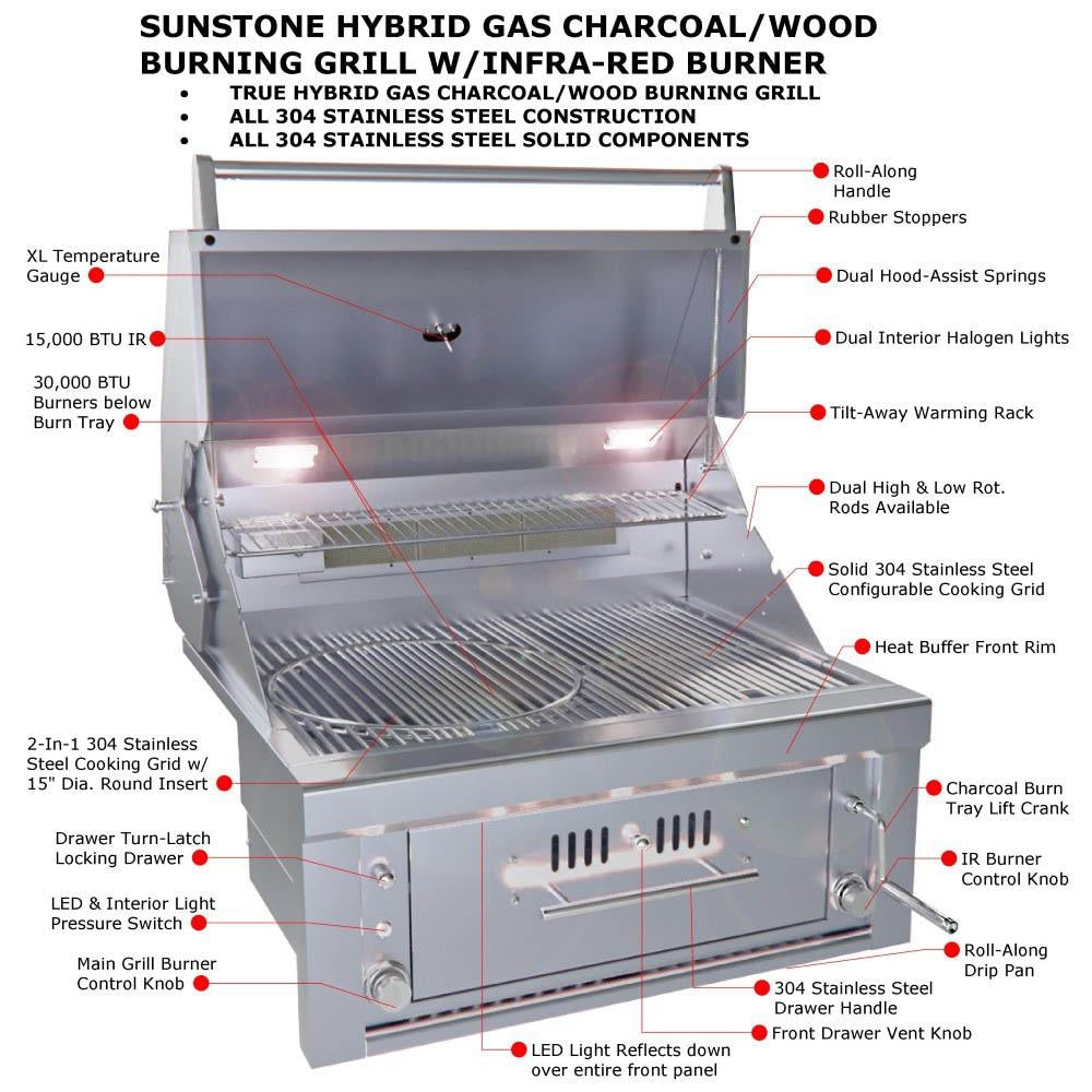 Sunstone Series 30 Inch Natural Gas Burners Hybrid Single Zone Charcoal/Wood Burning W/Infrared Burner Grill - SUNCHSZ30IR-NG - Image 7