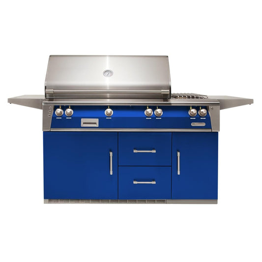 Alfresco ALXE 56-Inch Freestanding Propane Deluxe Grill On Refrigerated Cart With Sear Zone, Rotisserie, And Side Burner in Ultramarine Blue - ALXE-56SZR-LP-S5002 - Image 1