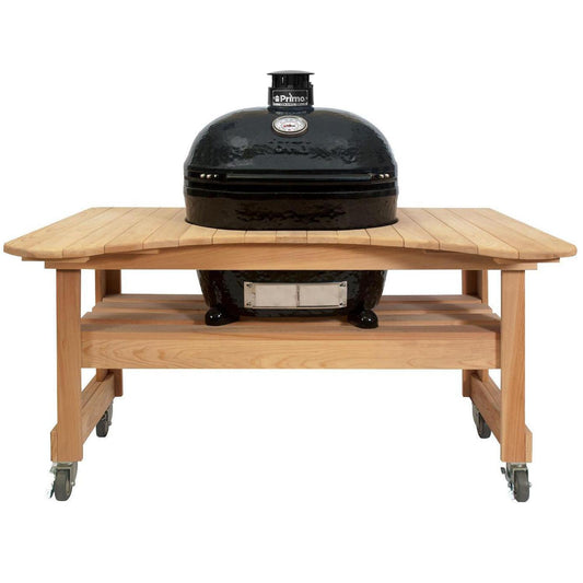 Primo Oval XL 400 Ceramic Kamado Grill On Curved Cypress Table With Stainless Steel Grates - PGCXLH (2021) - Image 1