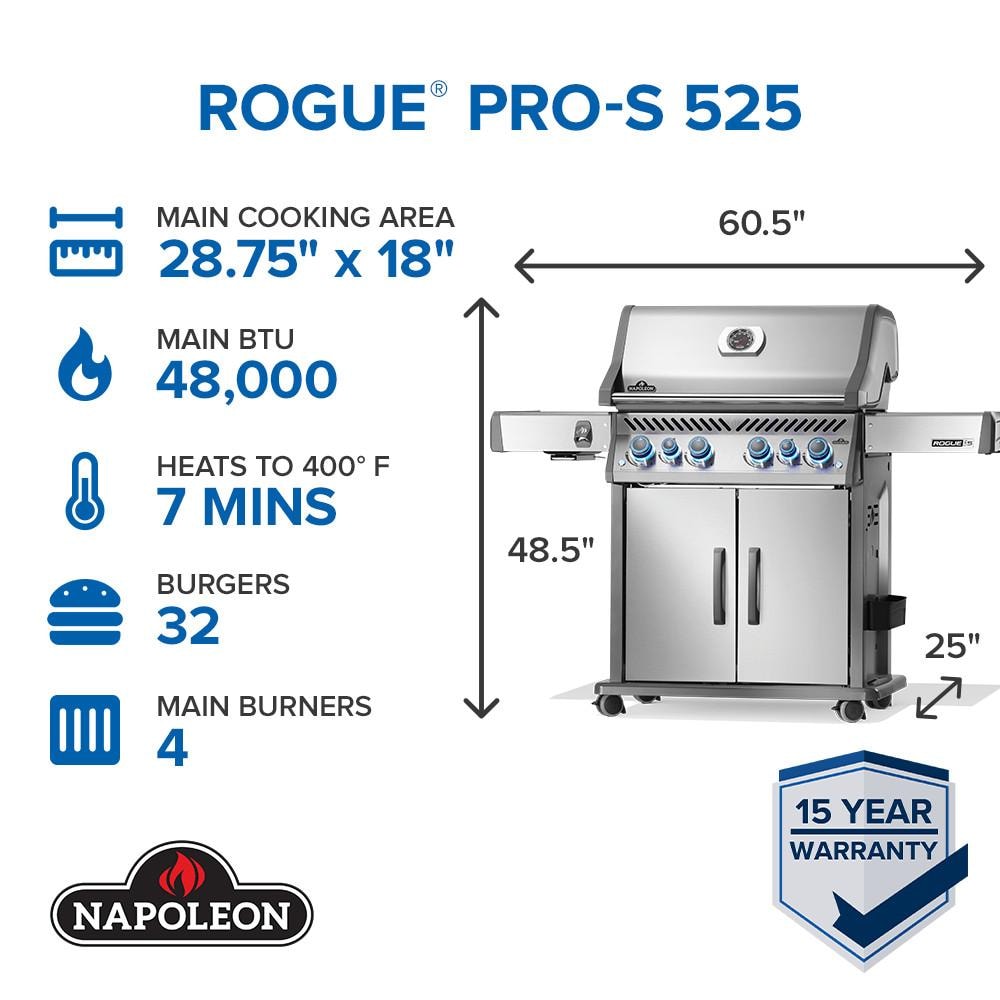 Napoleon Rogue PRO-S 525 4-Burner Propane Grill w/ Side Burner & SafetyGlow - RPS525RSIBPSS-2 - Image 2