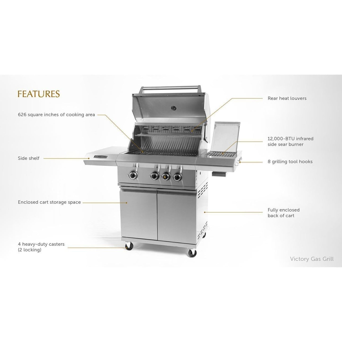 Victory 3-Burner Propane Gas Grill With Infrared Side Burner - BBQ-VCT3BSB-LP - Image 4