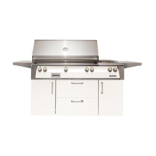 Alfresco ALXE 56-Inch Freestanding Natural Gas Deluxe Grill With Sear Zone, Rotisserie, And Side Burner in Signal White Matte - ALXE-56SZC-NG-SM9003 - Image 1