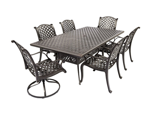 7PC Laced Dining Set with 86"x46" Table, 4 Chairs and 2 Swivel Rockers