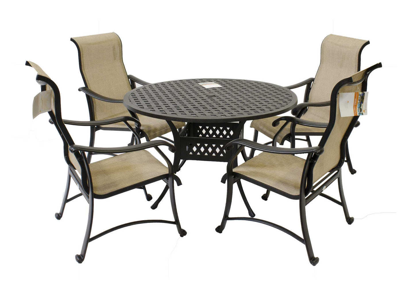 Sling 5-Piece Cast Aluminum Dining Set with 48" Round Table, 4 Chairs