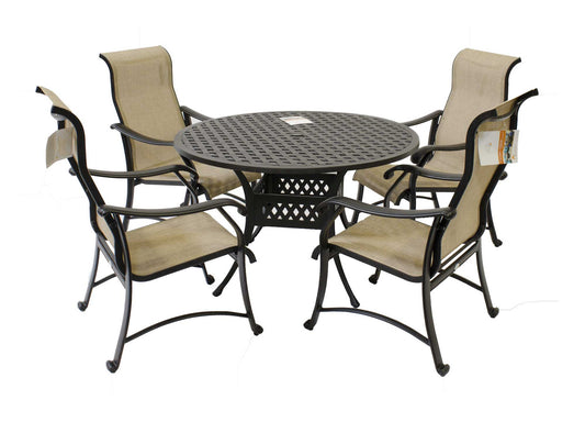 Sling 5-Piece Cast Aluminum Dining Set with 48" Round Table, 4 Chairs