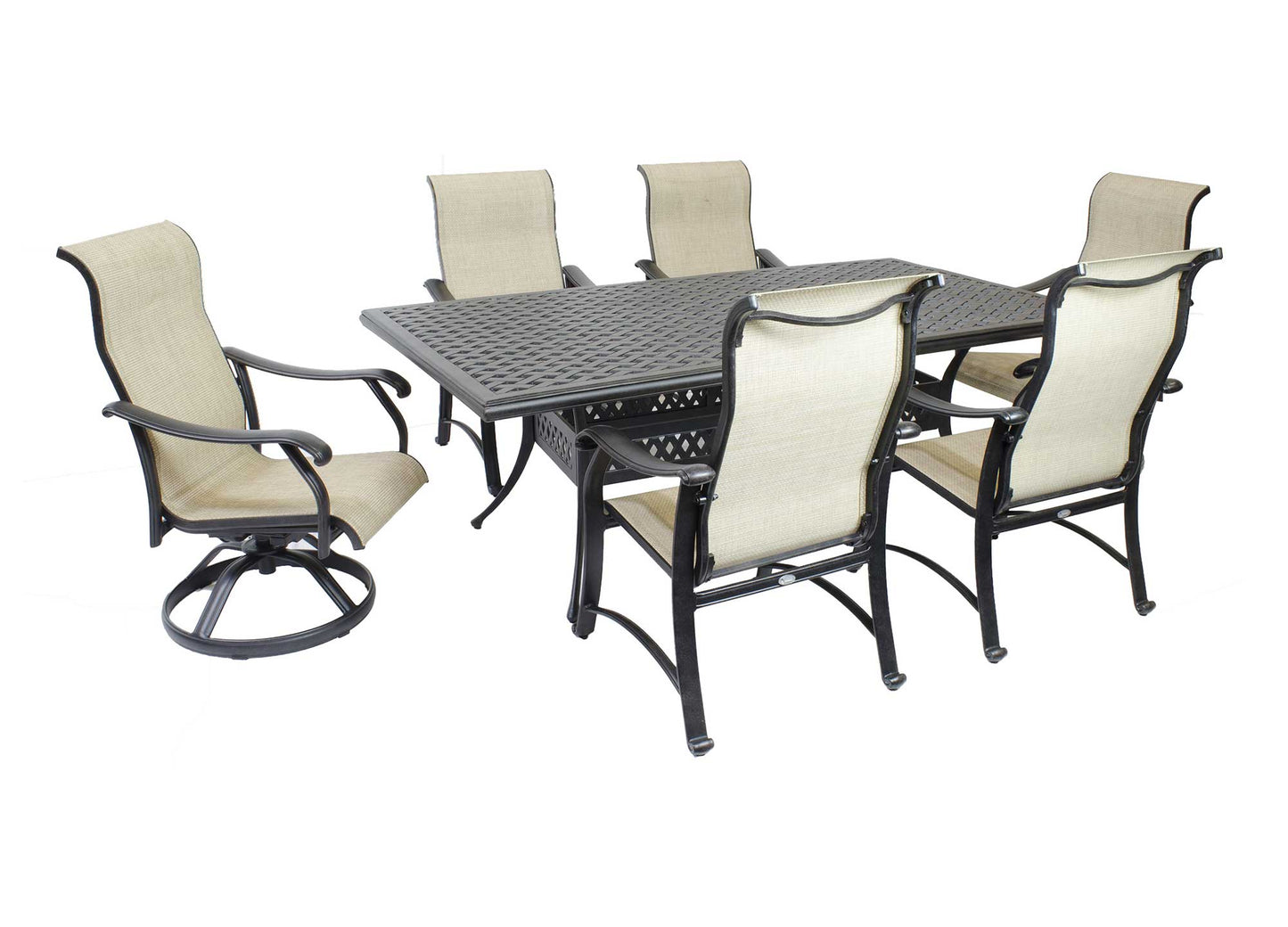 Sling 7-Piece Cast Aluminum Dining Set with 86"x46" Table, 4 Chairs and 2 Swivel Rockers