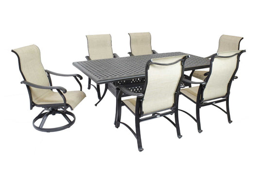 Sling 7-Piece Cast Aluminum Dining Set with 86"x46" Table, 4 Chairs and 2 Swivel Rockers