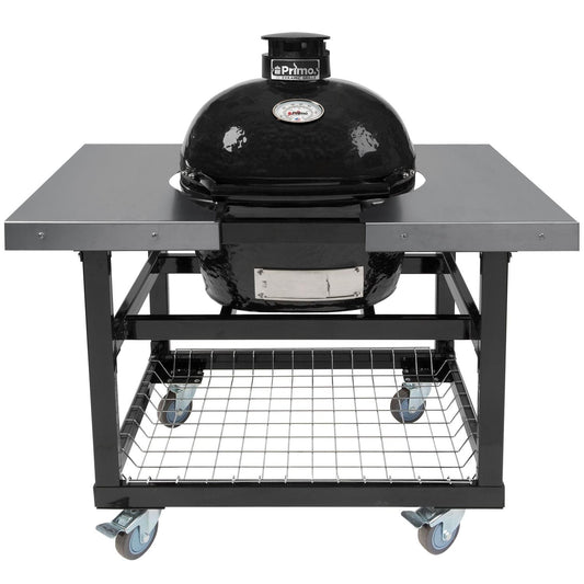 Primo Oval Junior 200 Ceramic Kamado Grill On Steel Cart With Side Tables And Stainless Steel Grates - PGCJRH (2021) - Image 1
