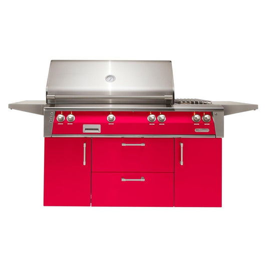 Alfresco ALXE 56-Inch Freestanding Propane Deluxe Grill With Sear Zone, Rotisserie, And Side Burner in Raspberry Red - ALXE-56SZC-LP-S3027 - Image 1