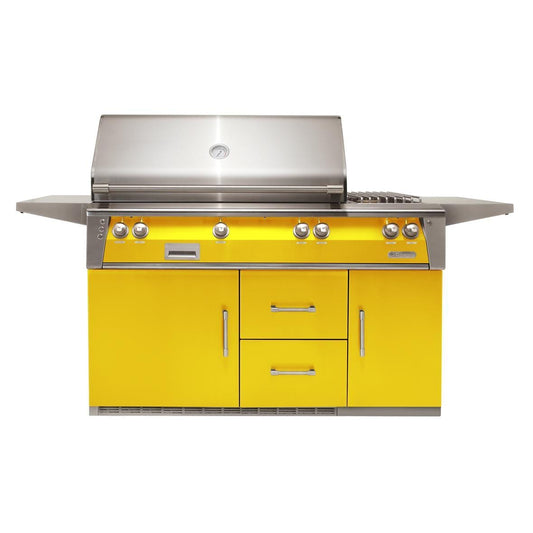 Alfresco ALXE 56-Inch Freestanding Propane Deluxe Grill On Refrigerated Cart With Rotisserie And Side Burner in Traffic Yellow - ALXE-56R-LP-S1023 - Image 1