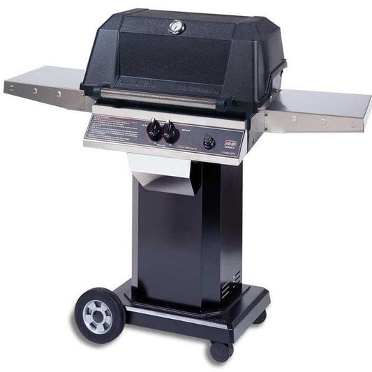 MHP WNK4DD Natural Gas Grill With Stainless Steel Shelves And SearMagic Grids On Black Cart - Image 1