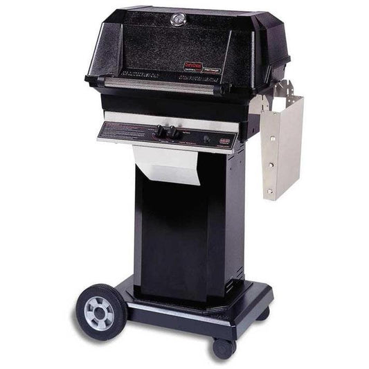 MHP JNR4DD Propane Gas Grill With Stainless Steel Shelves And Stainless Grids On Black Cart - Image 1