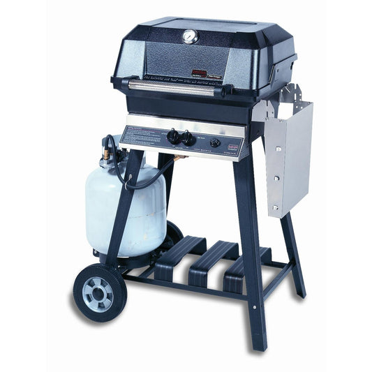 MHP JNR4DD Propane Gas Grill With Stainless Steel Shelves And Stainless Grids On Aluminum Cart - Image 1