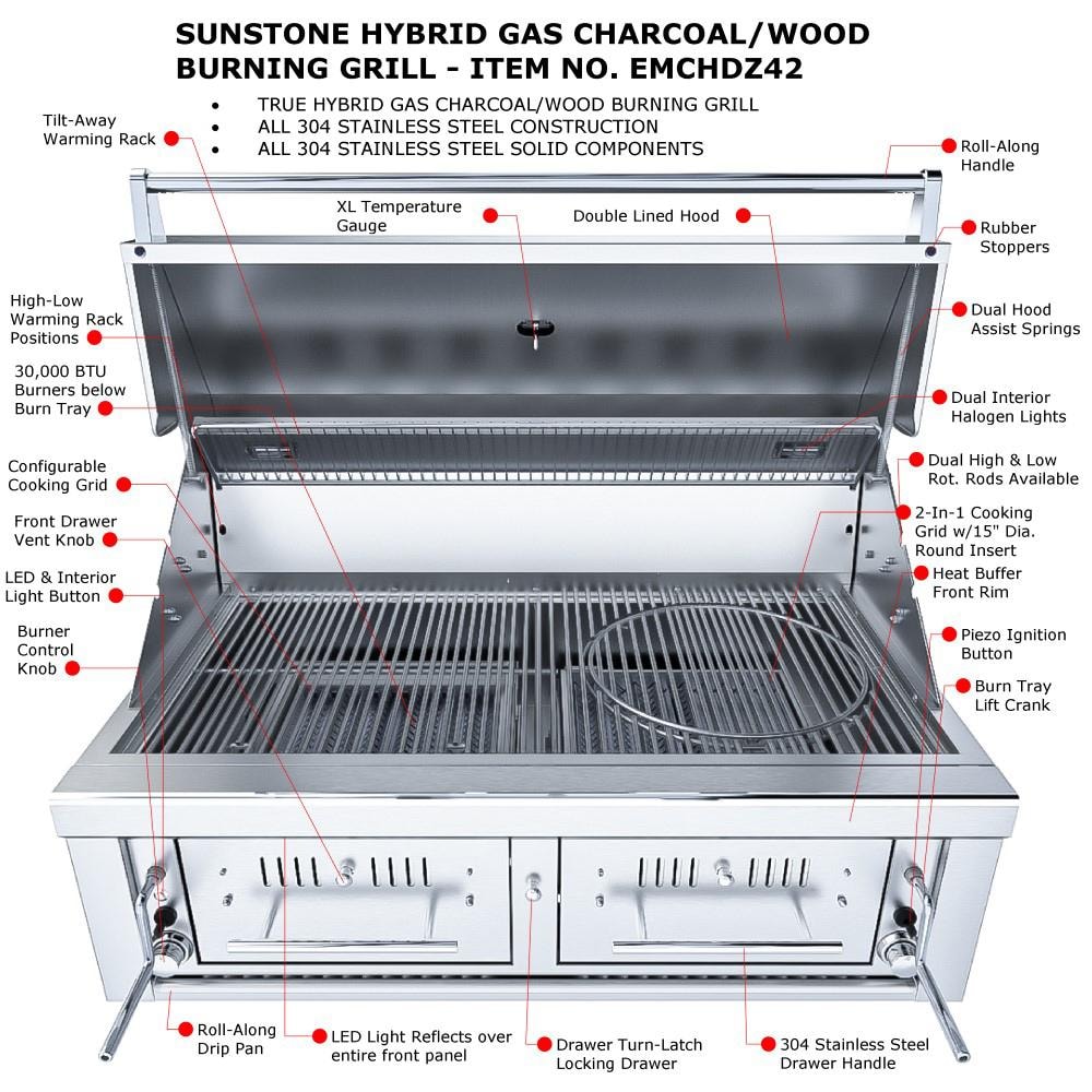 Sunstone Series 42 Inch Natural Gas Hybrid Dual Zone Charcoal/Wood Burning Grill - EMCHDZ42-NG - Image 5