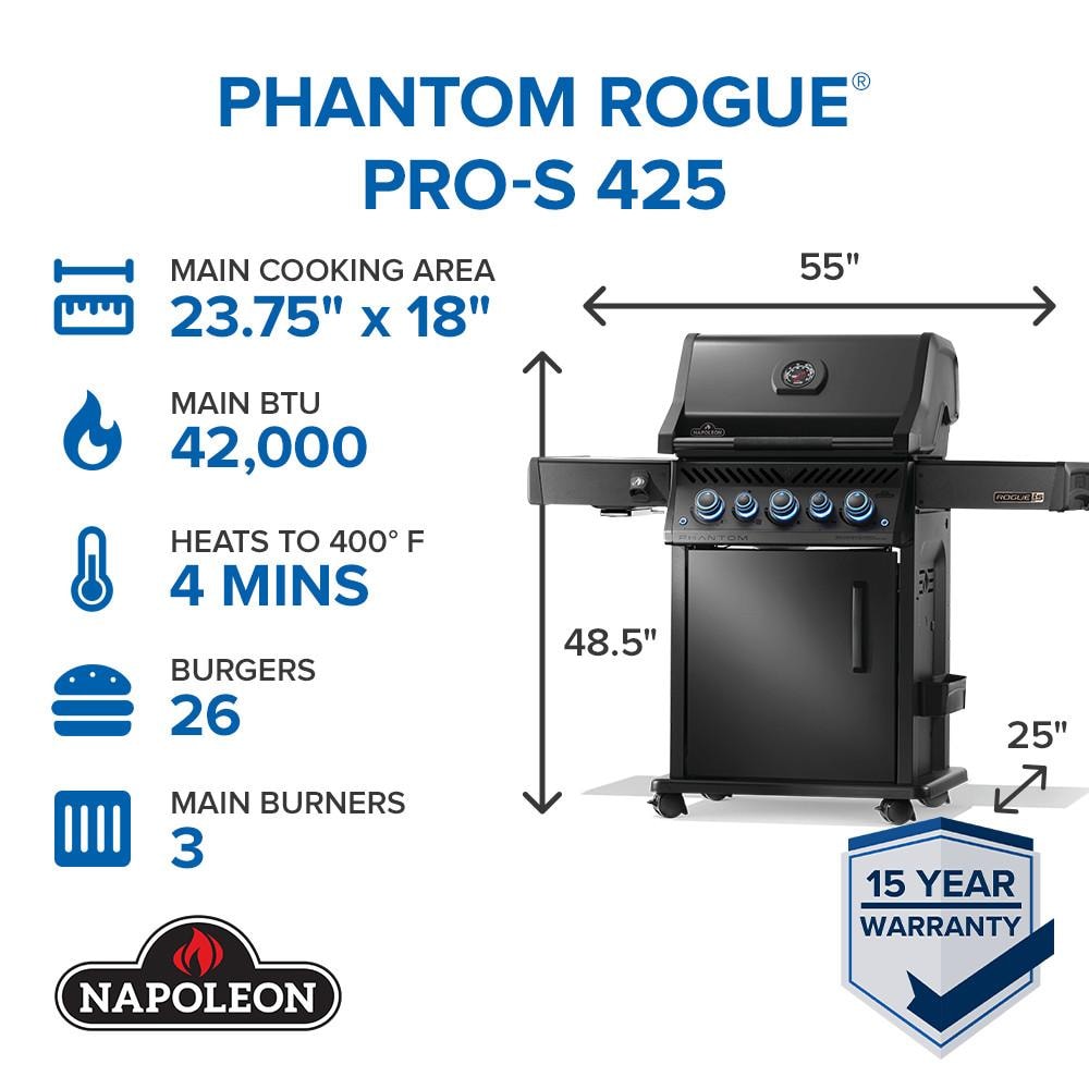 Napoleon Rogue PRO-S Phantom 425 3-Burner Propane Grill w/ Side Burner & SafetyGlow - RPS425RSIBPK-2-PHM - Image 2