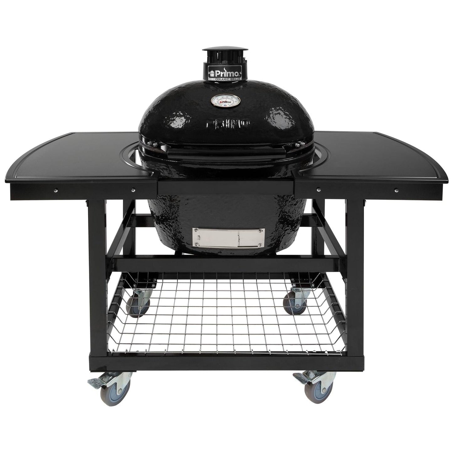 Primo Oval Large 300 Ceramic Kamado Grill On Steel Cart With 2-Piece Island Side Shelves And Stainless Steel Grates - PGCLGH (2021) - Image 1