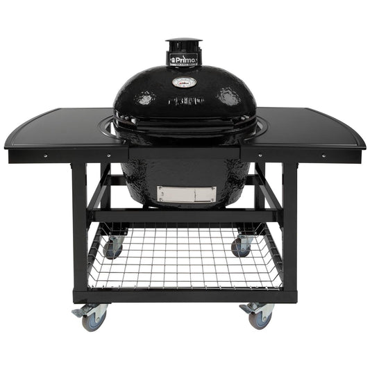 Primo Oval Large 300 Ceramic Kamado Grill On Steel Cart With 2-Piece Island Side Shelves And Stainless Steel Grates - PGCLGH (2021) - Image 1
