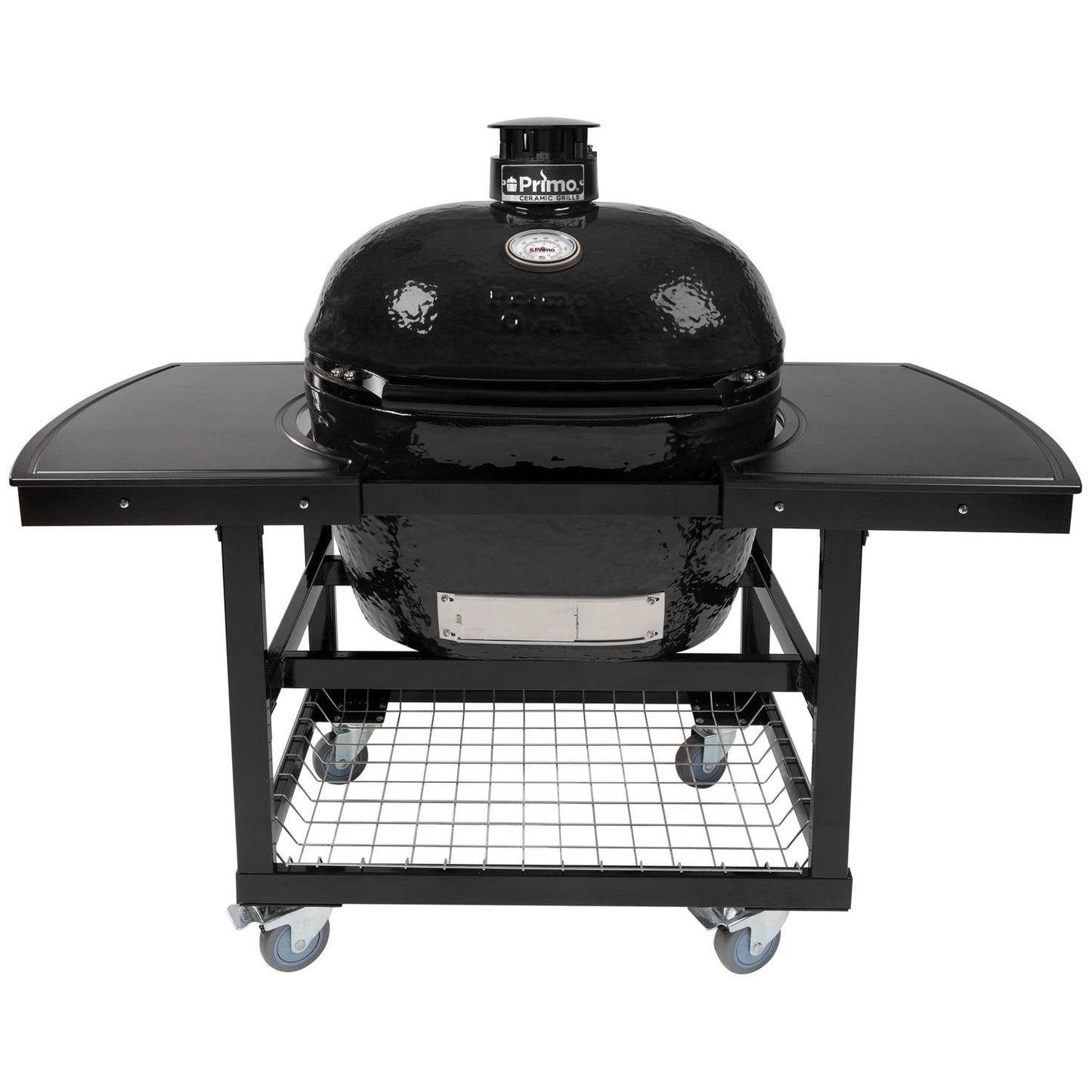 Primo Oval XL 400 Ceramic Kamado Grill On Steel Cart With 2-Piece Island Side Shelves And Stainless Steel Grates - PGCXLH (2021) - Image 1