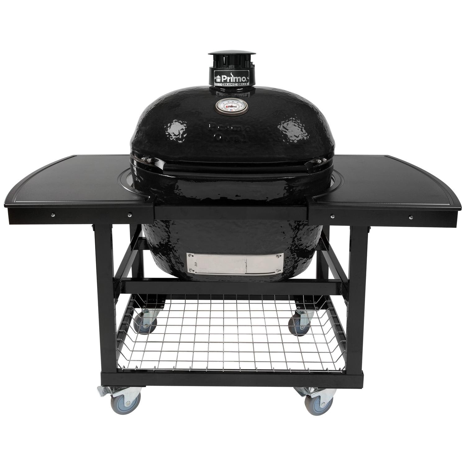 Primo Oval XL 400 Ceramic Kamado Grill On Steel Cart With 2-Piece Island Side Shelves And Stainless Steel Grates - PGCXLH (2021) - Image 1