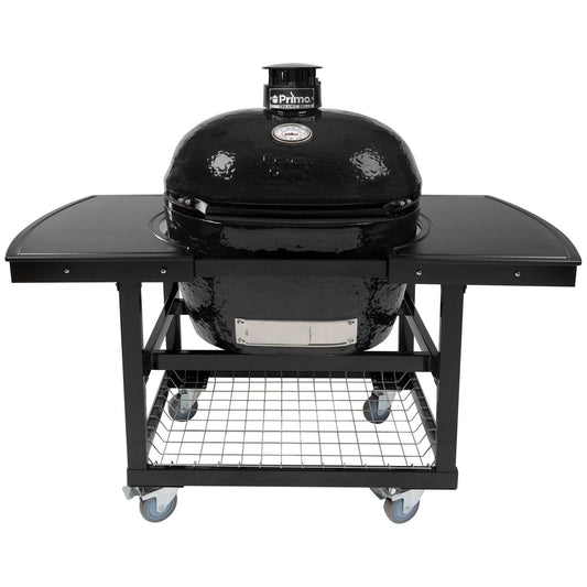 Primo Oval XL 400 Ceramic Kamado Grill On Steel Cart With 2-Piece Island Side Shelves And Stainless Steel Grates - PGCXLH (2021) - Image 1