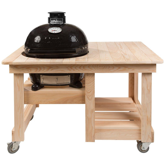 Primo Oval Junior 200 Ceramic Kamado Grill On Countertop Cypress Table With Stainless Steel Grates - PGCJRH (2021) - Image 1